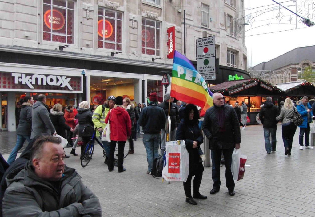 06e 28.11.15 Don't Bomb Syria leaflets in Church St Liverpool